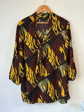 Ashley Stewart Animal-Print Tie-Neck Blouse Yellow Black Size 18/20W 80s Formal